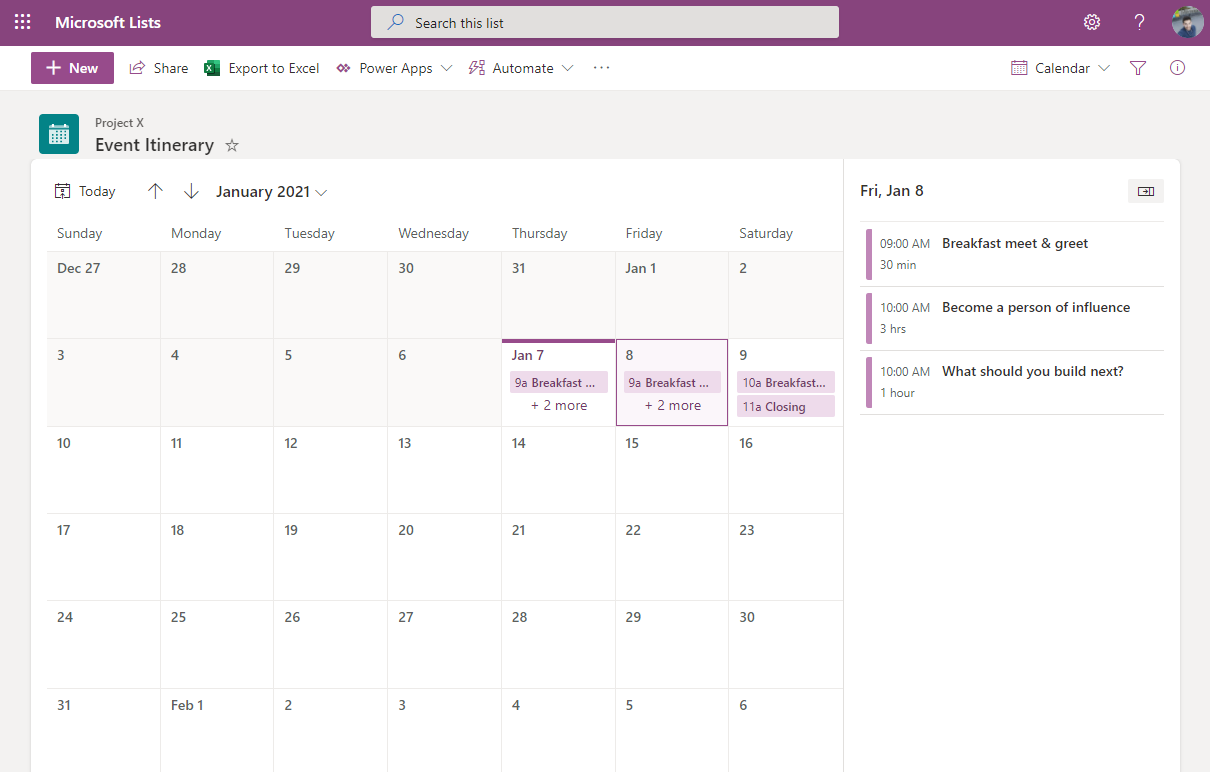 Microsoft Lists Calendar view